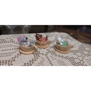 1980s Dakin teacup wood pets set of 3 christmas ornaments in box